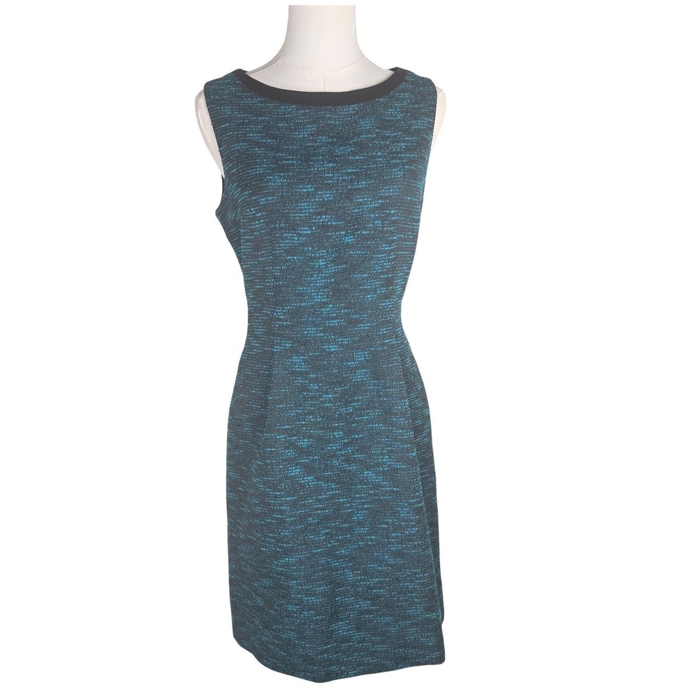 Tahari Black Teal Textured Sheath Dress Career Work Back Zip Stretch‎ Medium